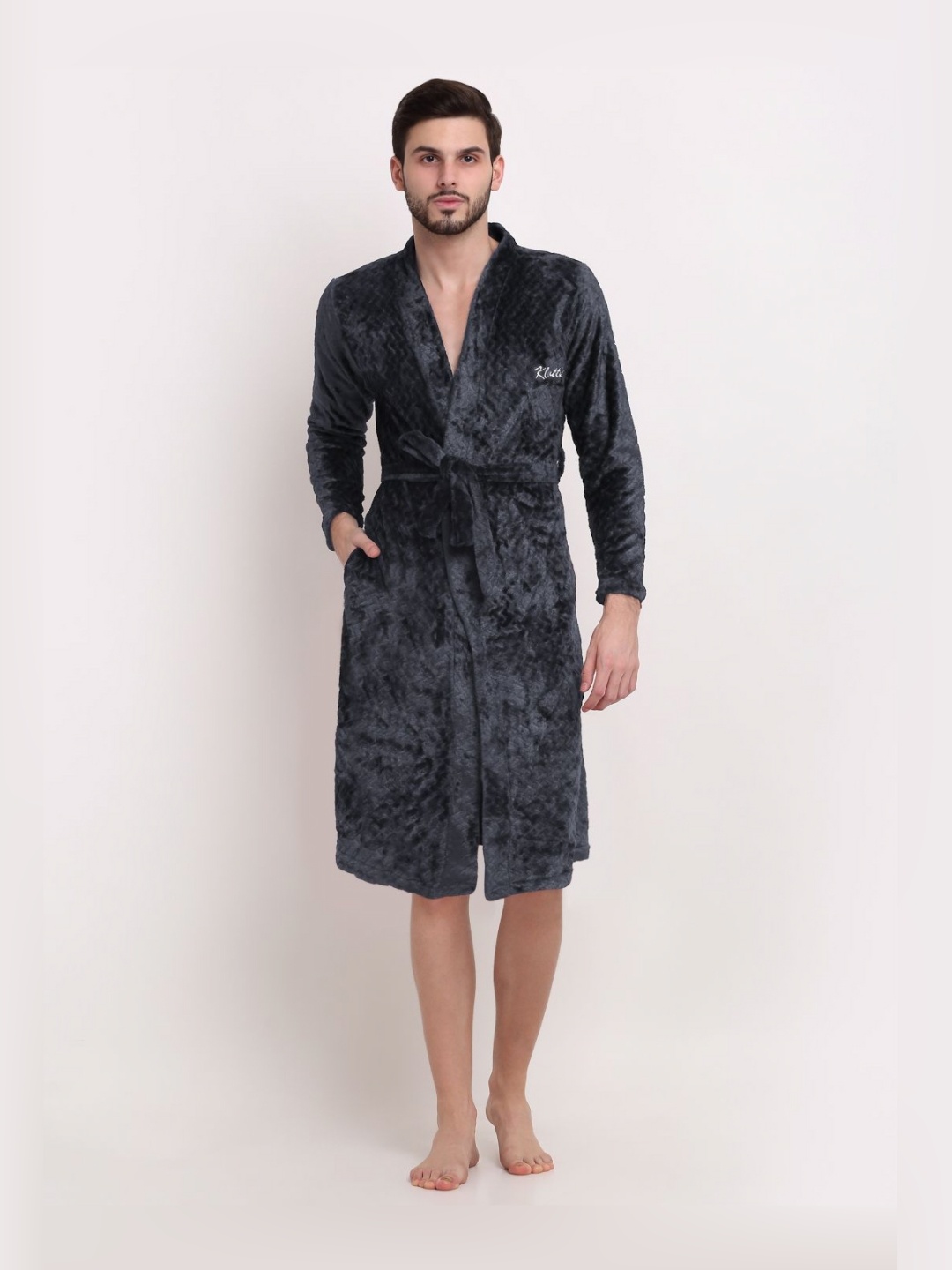 

Men Grey Self Design Wool Bath Robe With Belt