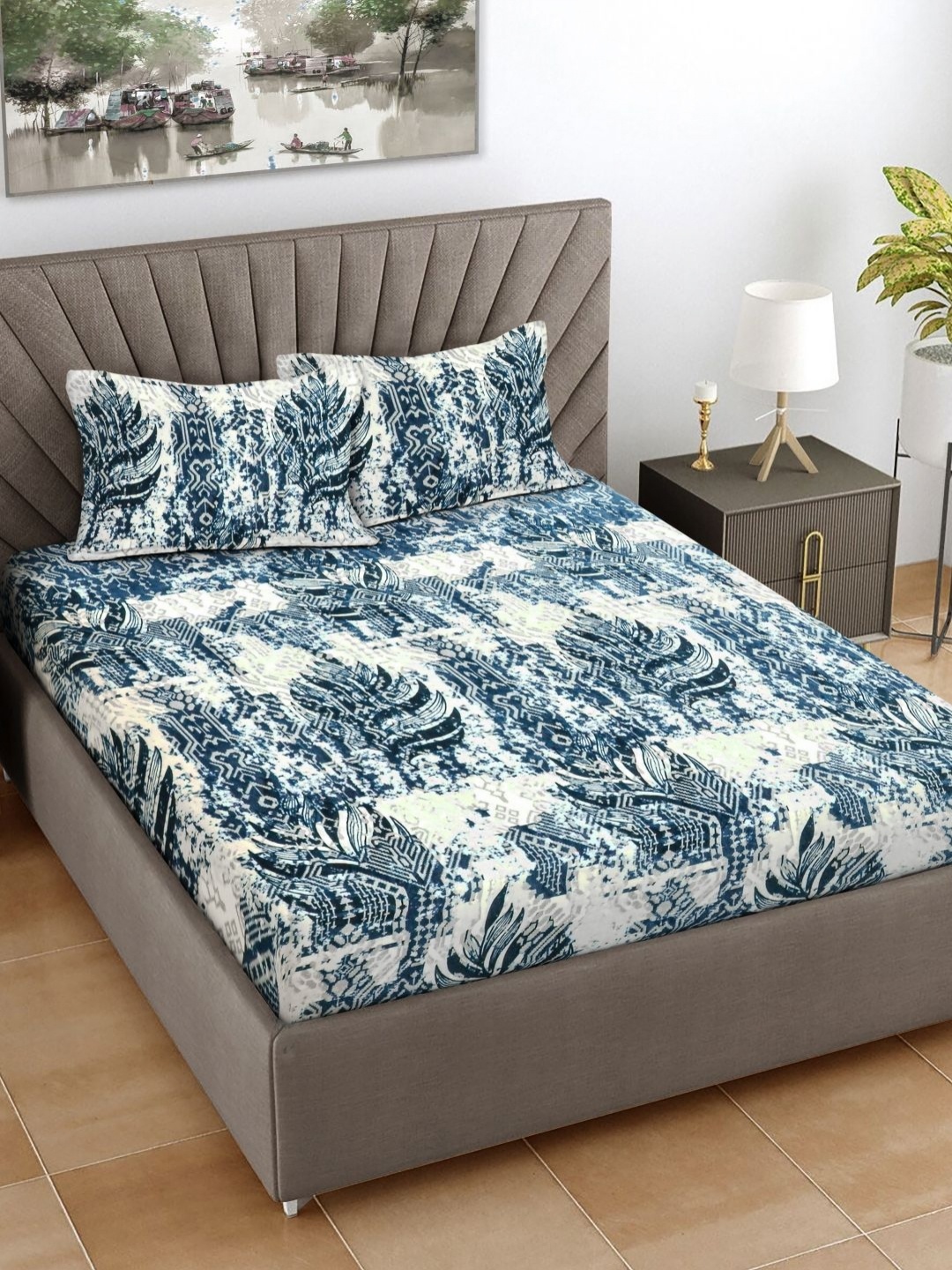 

FABINALIV White & Blue Abstract Printed Woollen 300 TC King Bedsheet with 2 Pillow Covers