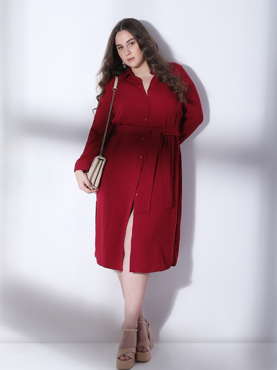 

VERO MODA CURVE Shirt Midi Dress With Tie-Ups, Red