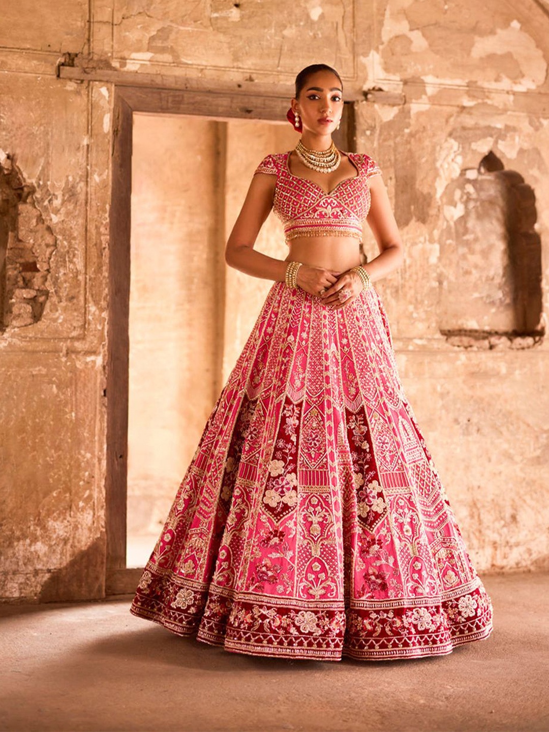 

KIASA By Ronak & Shruti Embellished Satin Ready to Wear Lehenga Blouse & Dupatta, Pink