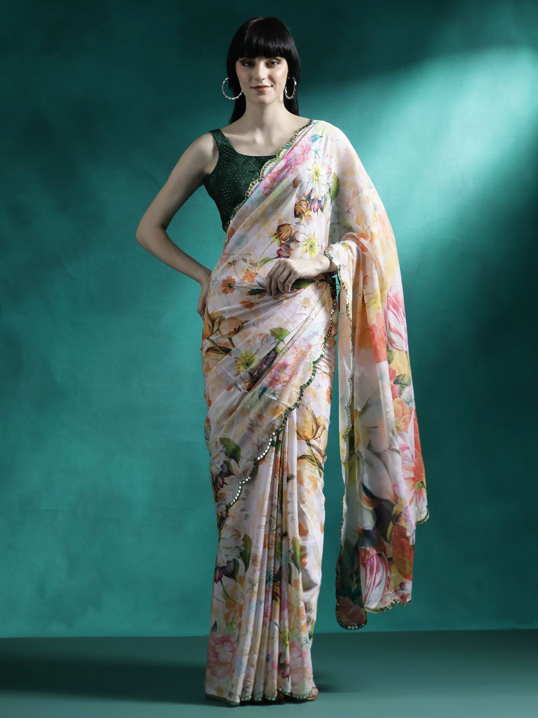 

Sangria Printed Mirror Work Saree With Blouse, White
