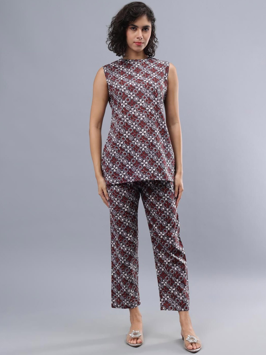 

CORDSET Printed Pure Cotton Sleeveless Tunic With Trousers Co-Ords, Grey