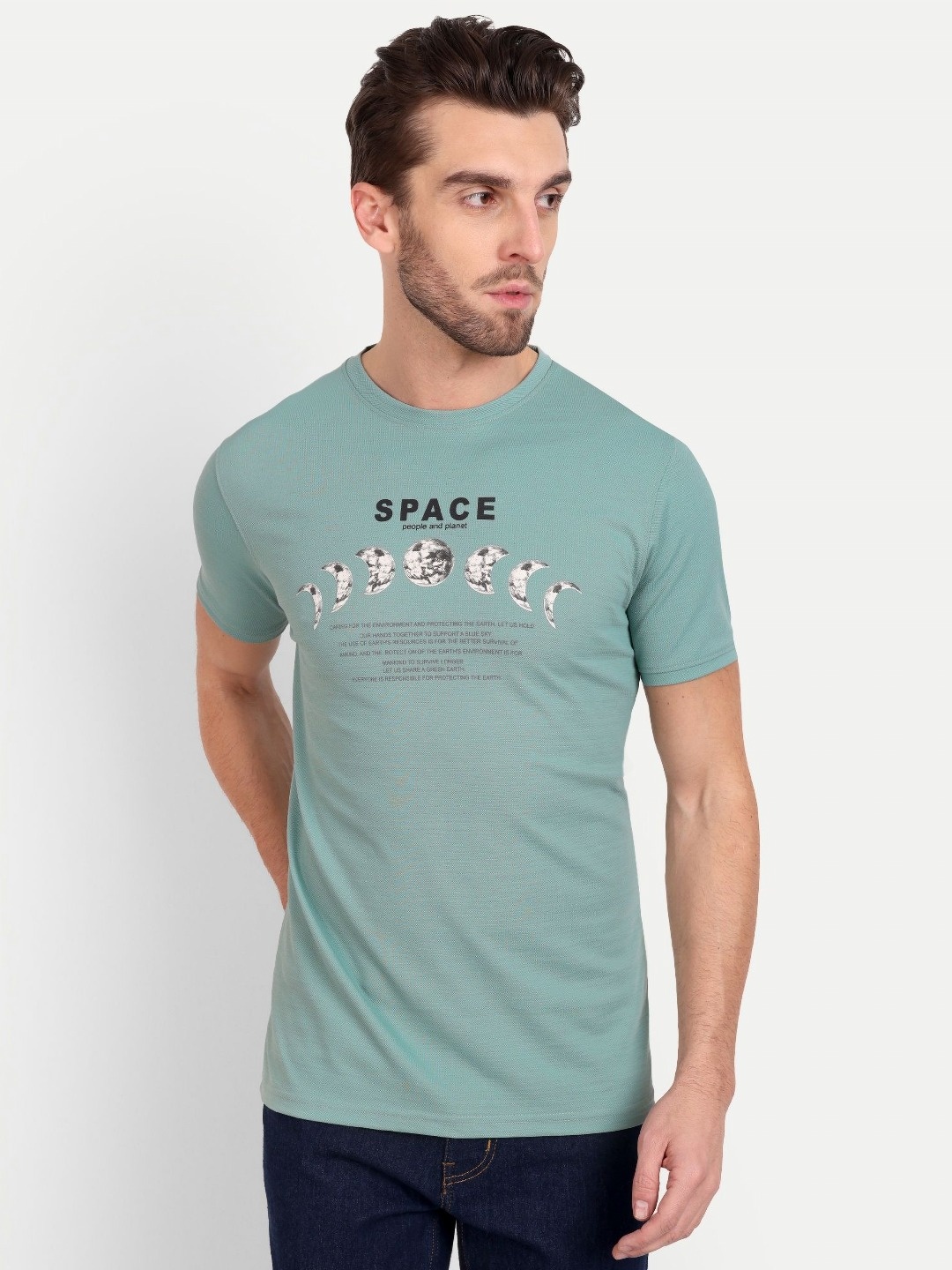 

MEGHZ Men Graphic Printed Round Neck Cotton Slim Fit T-shirt, Green