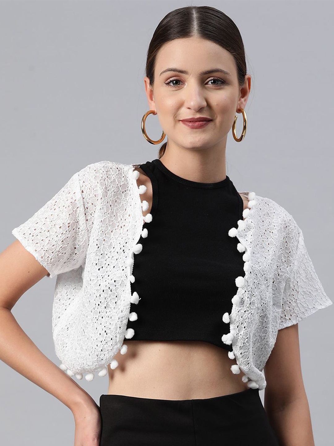 

RIVI Tasselled Pure Cotton Open Front Crop Shrug, White