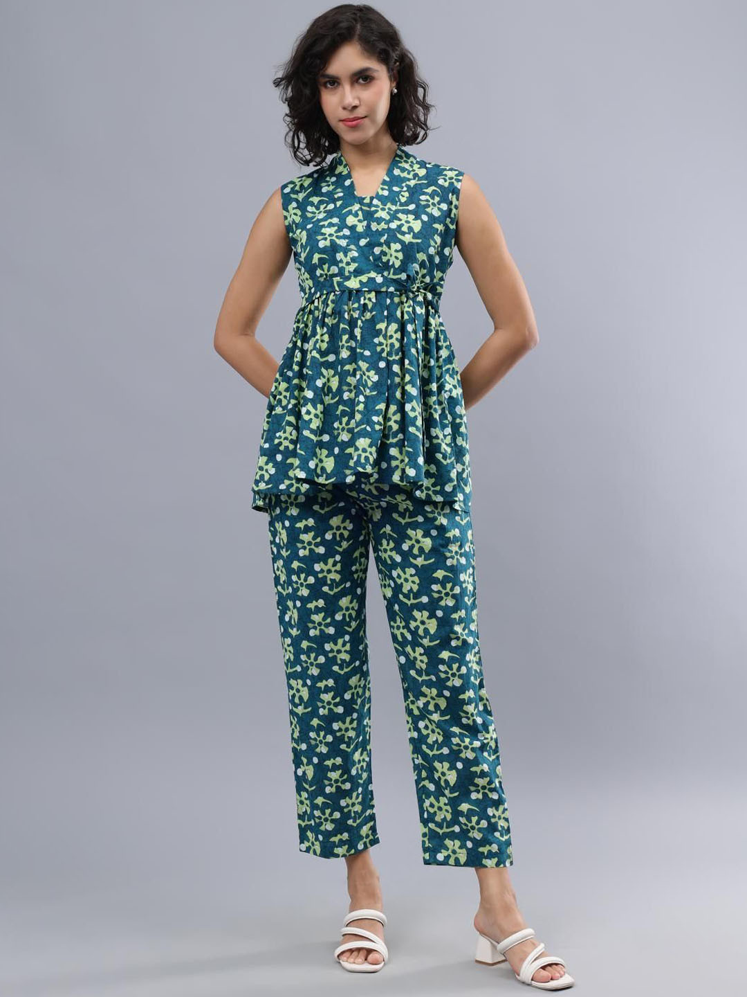 

CORDSET Printed Pure Cotton Sleeveless Tunic With Trousers Co-Ords, Blue