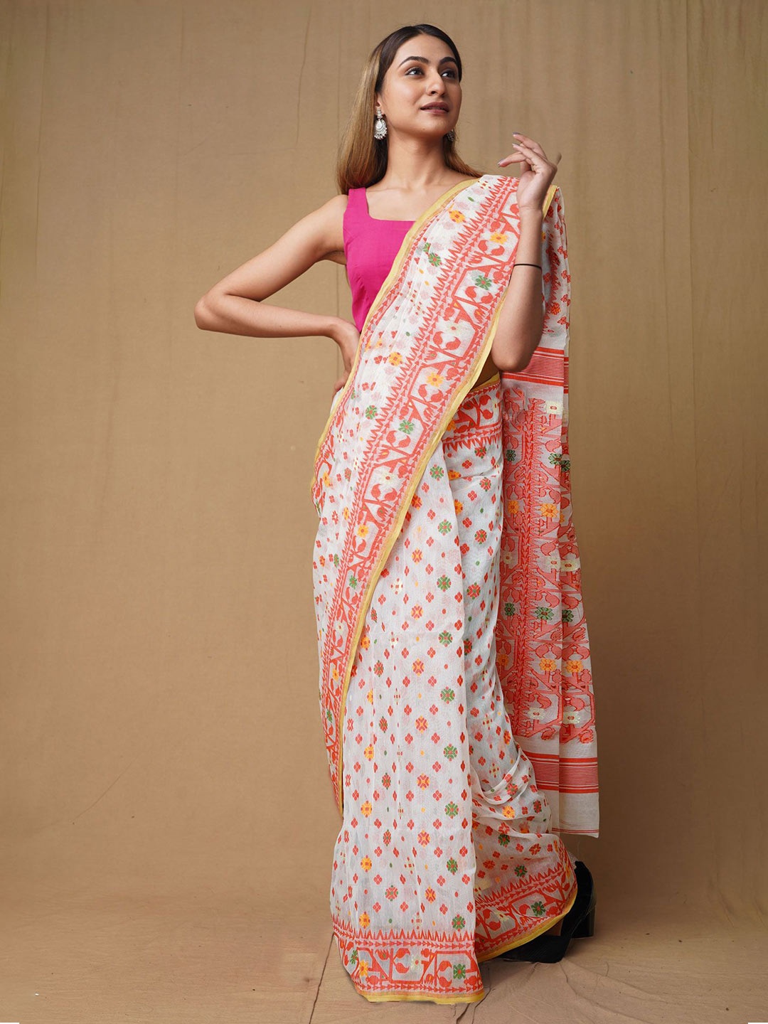 

Unnati Silks Woven Design Printed Pure Cotton Jamdani Saree, White