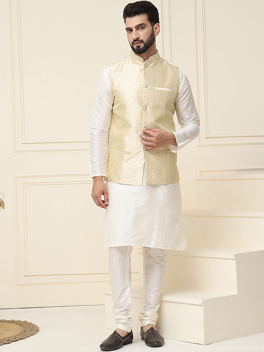 

SOJANYA Mandarin Collar Kurta with Churidar With Nehru jacket, Cream