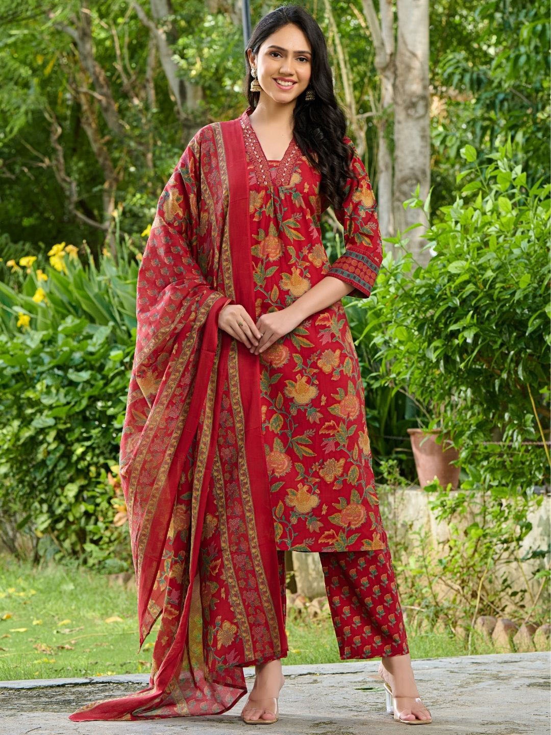 

PRETTY PALLU Ethnic Motifs Printed Mirror Work Pure Cotton Kurta With Trouser & Dupatta, Red