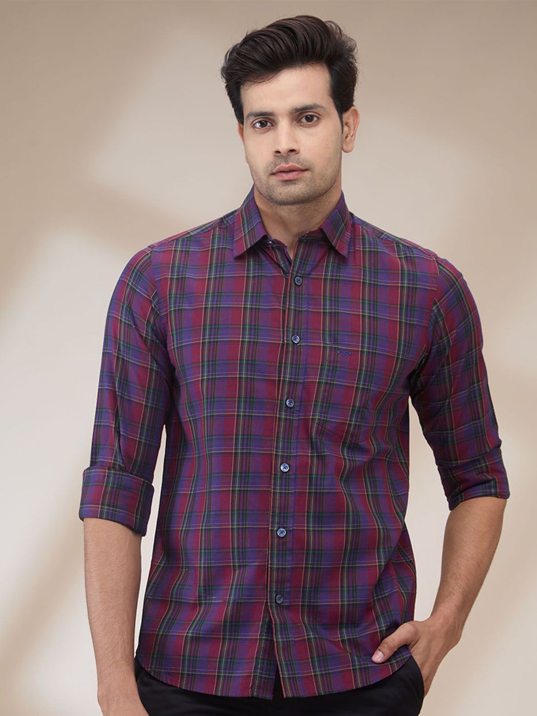 

ColorPlus Men Spread Collar Tartan Checked Cotton Casual Shirt, Red