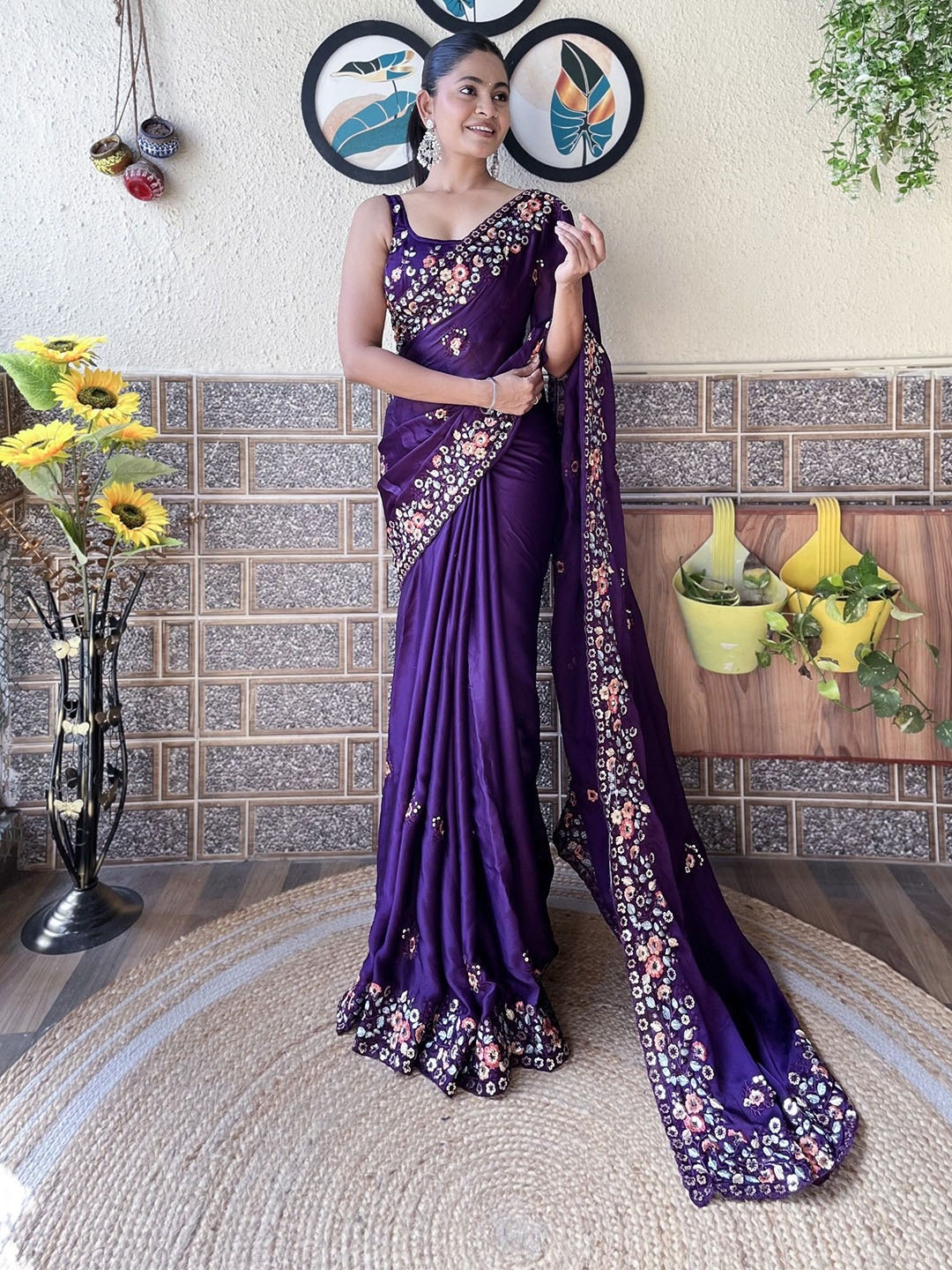 

LeeliPeeri Designer Floral Embroidered Pure Chiffon Saree unstitched blouse piece, Purple