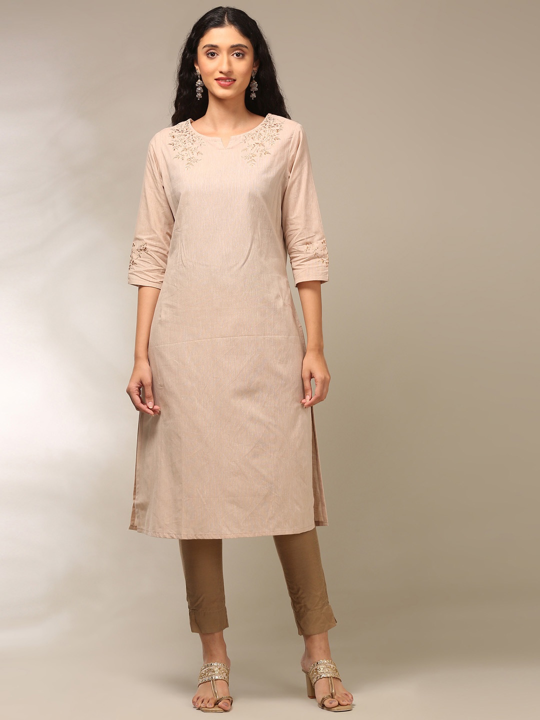 

Alena Floral Embroidered Notch Neck Thread Work Pure Cotton Straight Kurta, Beige