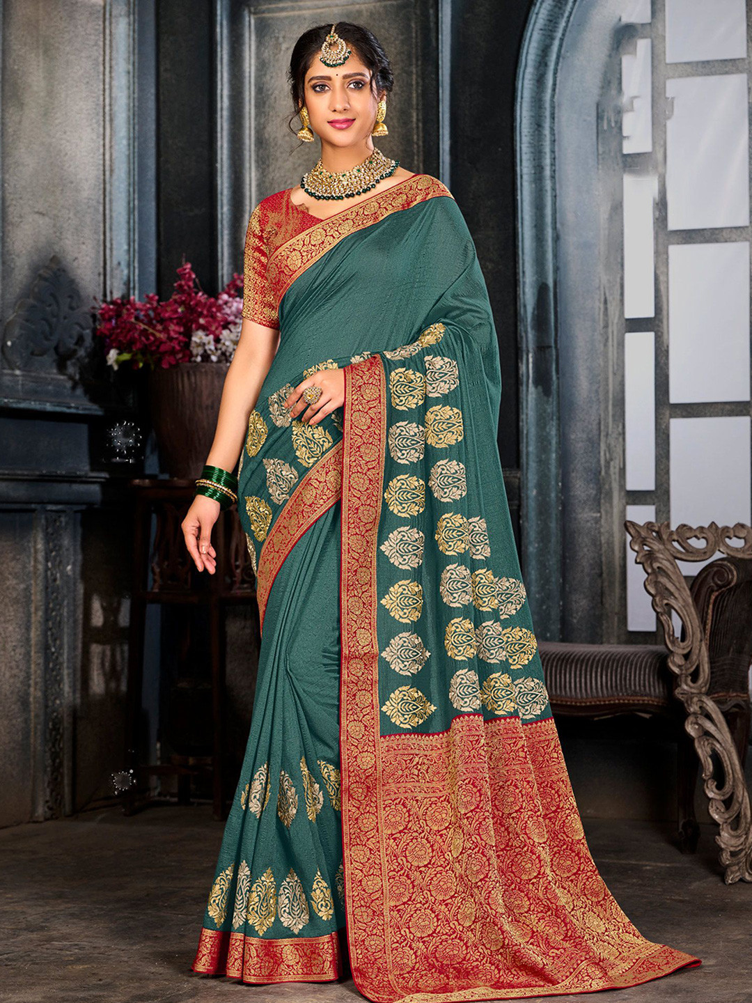 

Laxmipati Ethnic Motifs Embroidered Saree, Green