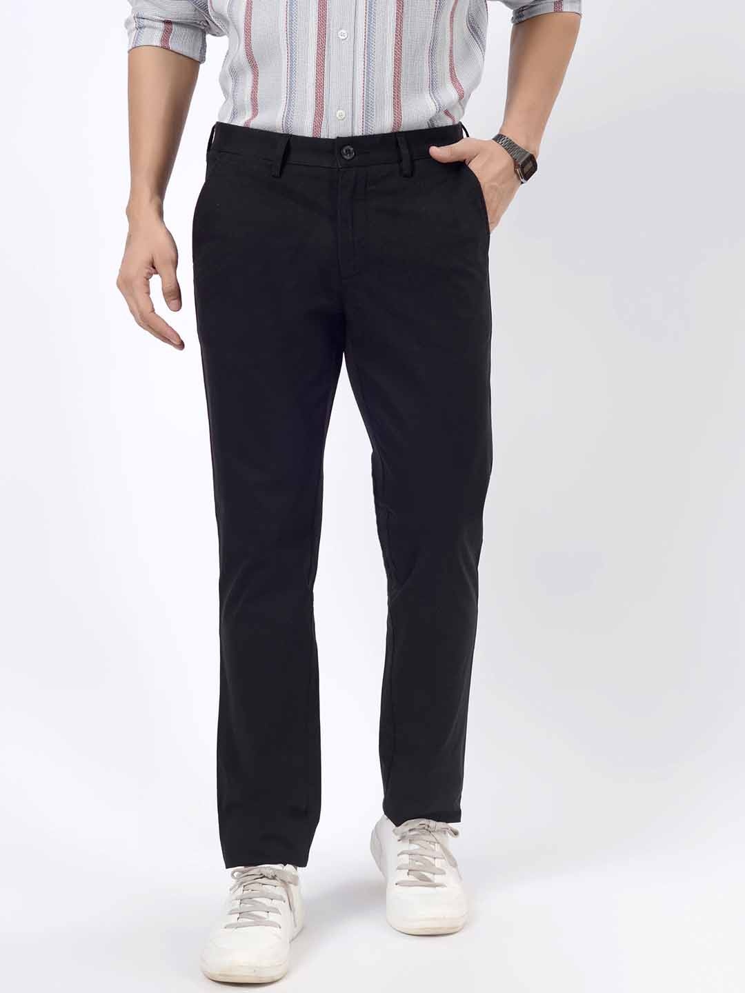 

JADE BLUE Men Solid Mid-Rise Slim Fit Regular Trousers, Black