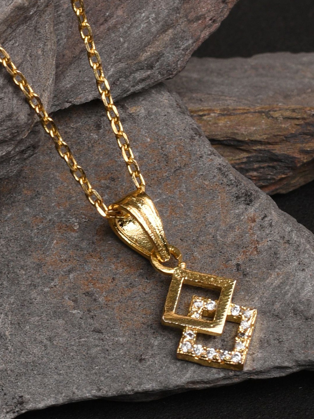 

XPNSV Gold Plated Cubic Zirconia Studded Square Pendant with Chain