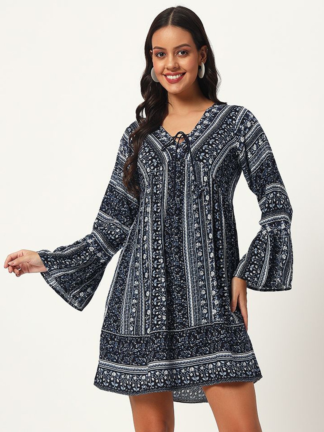 

VELDRESS Women Floral Printed Tie-Up Neck Bell Sleeve Fit & Flare Mini Dress, Blue