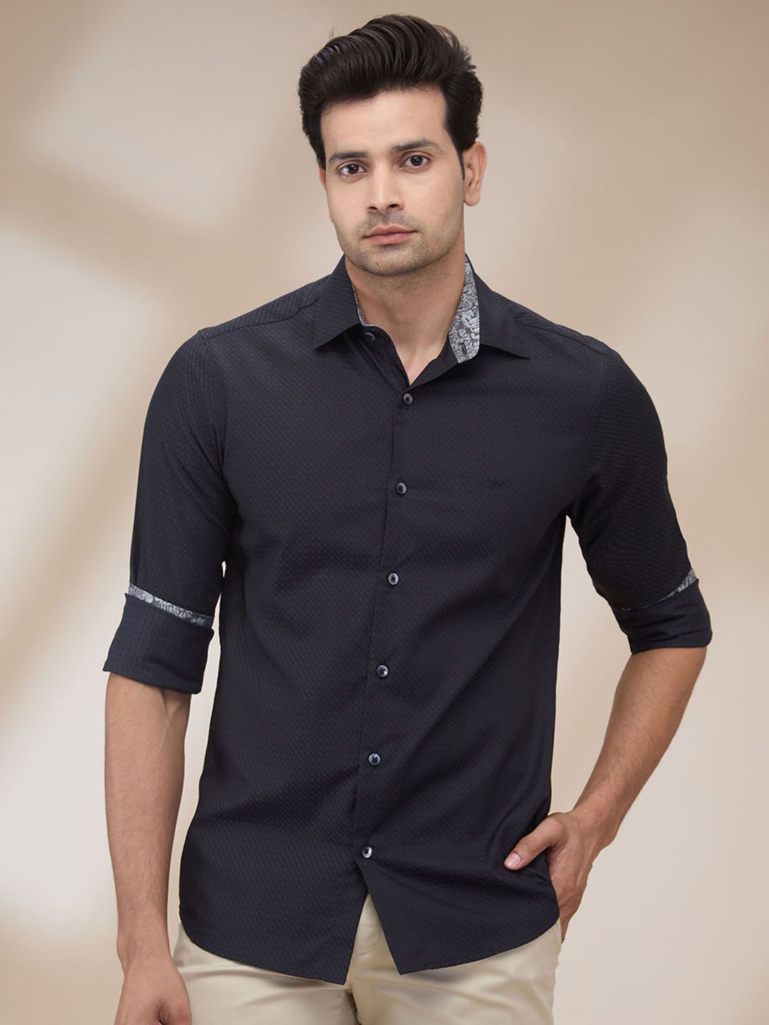 

ColorPlus Men Spread Collar Solid Cotton Casual Shirt, Black