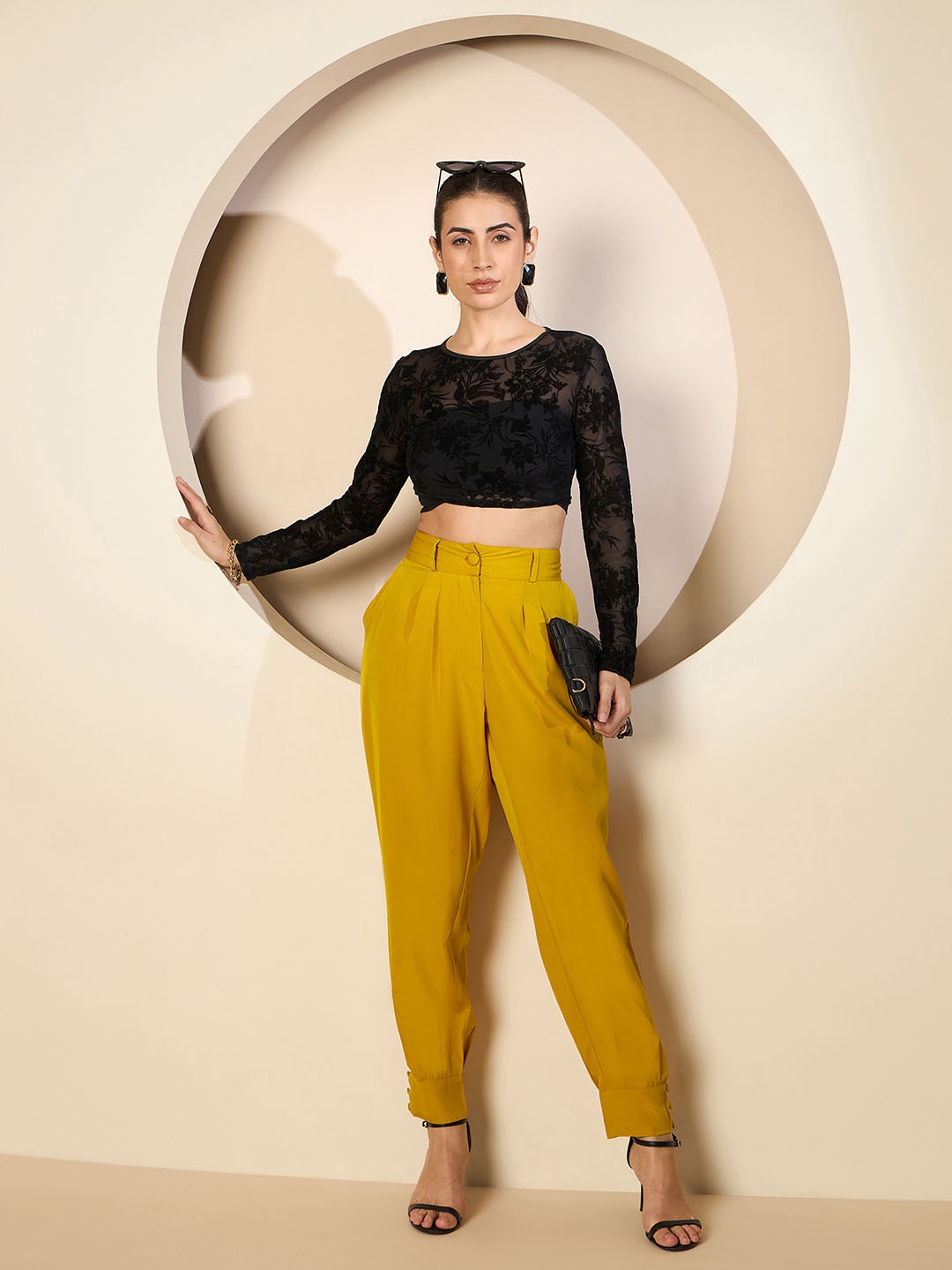 

Antheaa Women Solid Smart Trousers, Mustard