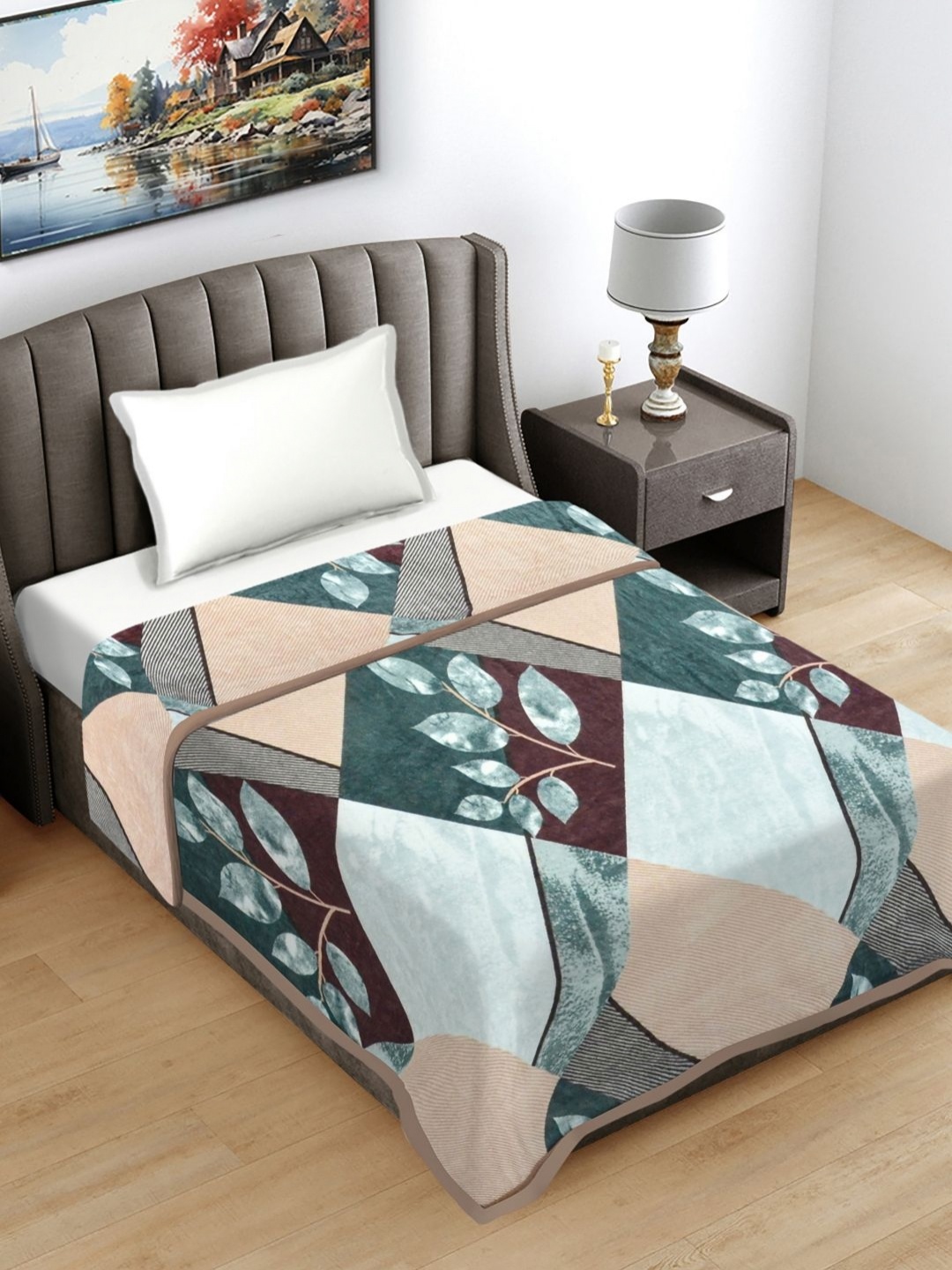 

FABINALIV Blue & Peach-Coloured Geometric Print 230 GSM Ultra Soft Single Bed AC Blanket