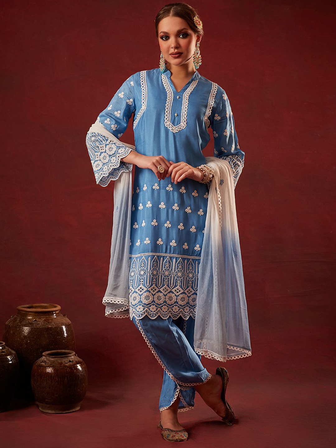 

HEEPOSH Floral Embroidered Beads and Stones Kurta Trousers & Dupatta, Blue