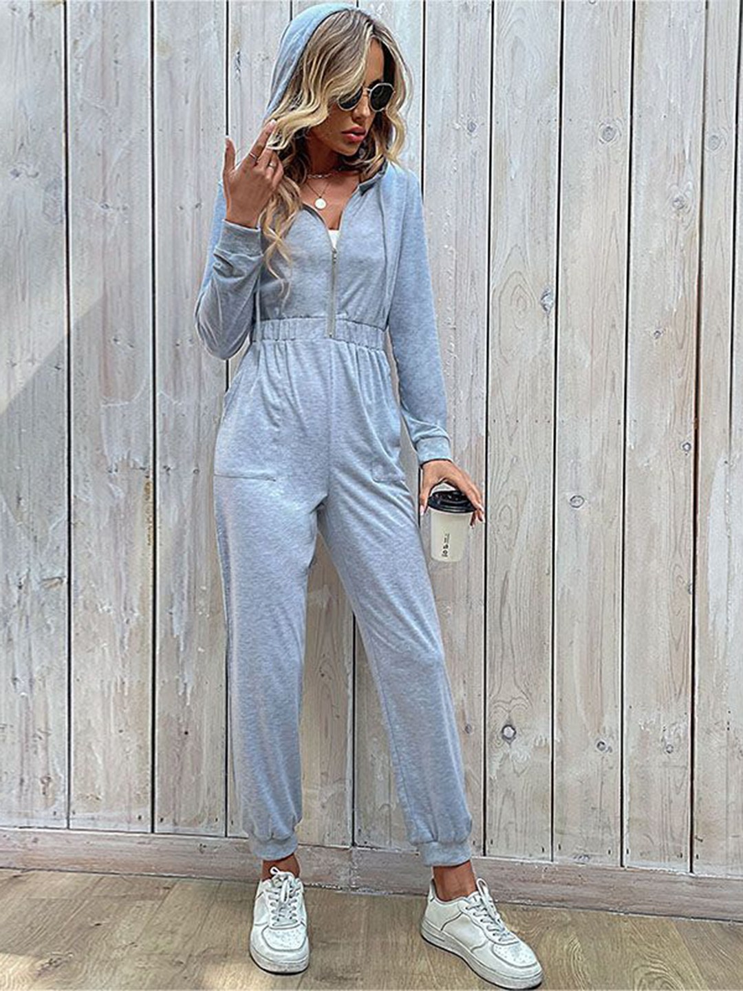 

HERE&NOW Women Solid V-Neck Basic Jumpsuit, Grey