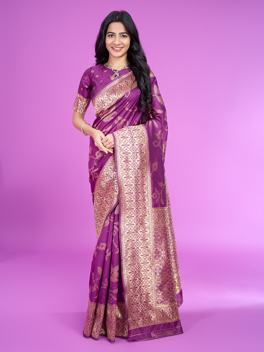 

RICH & ROMAN Woven Design Zari Pure Silk Banarasi Saree, Purple