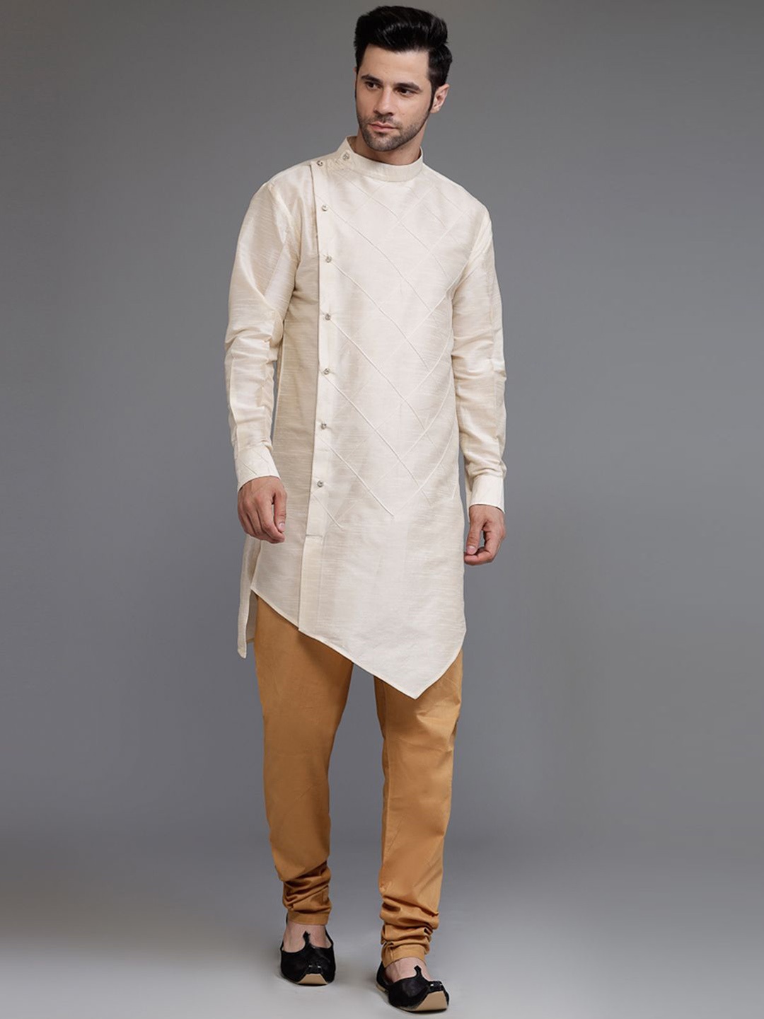 

Utsav Fashion Mandarin Collar Pintucked Angrakha Straight Kurta with Churidar, Off white