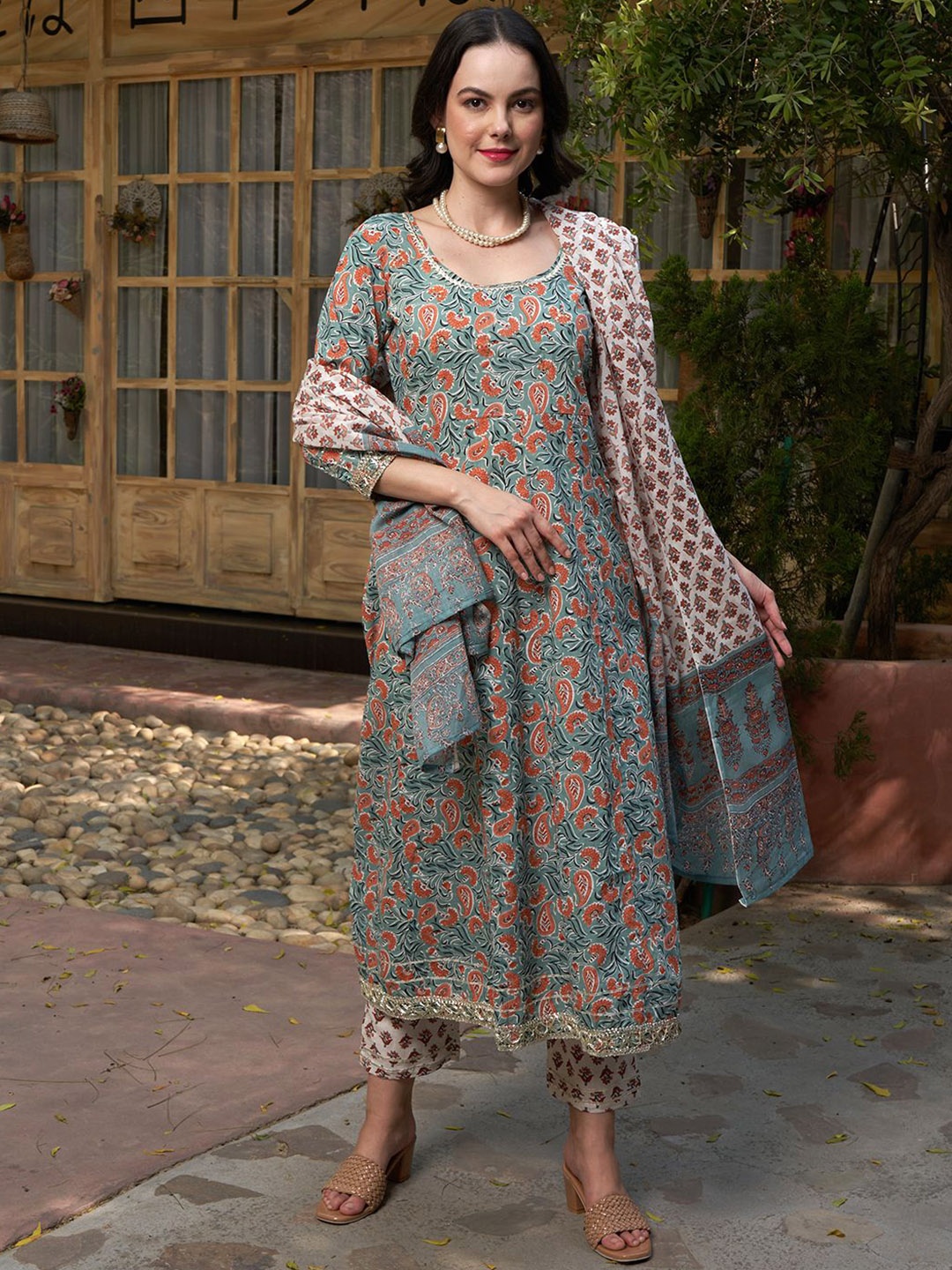 

BANDIA Floral Printed Sequinned Pure Cotton Anarkali Kurta with Trousers & Dupatta, Blue