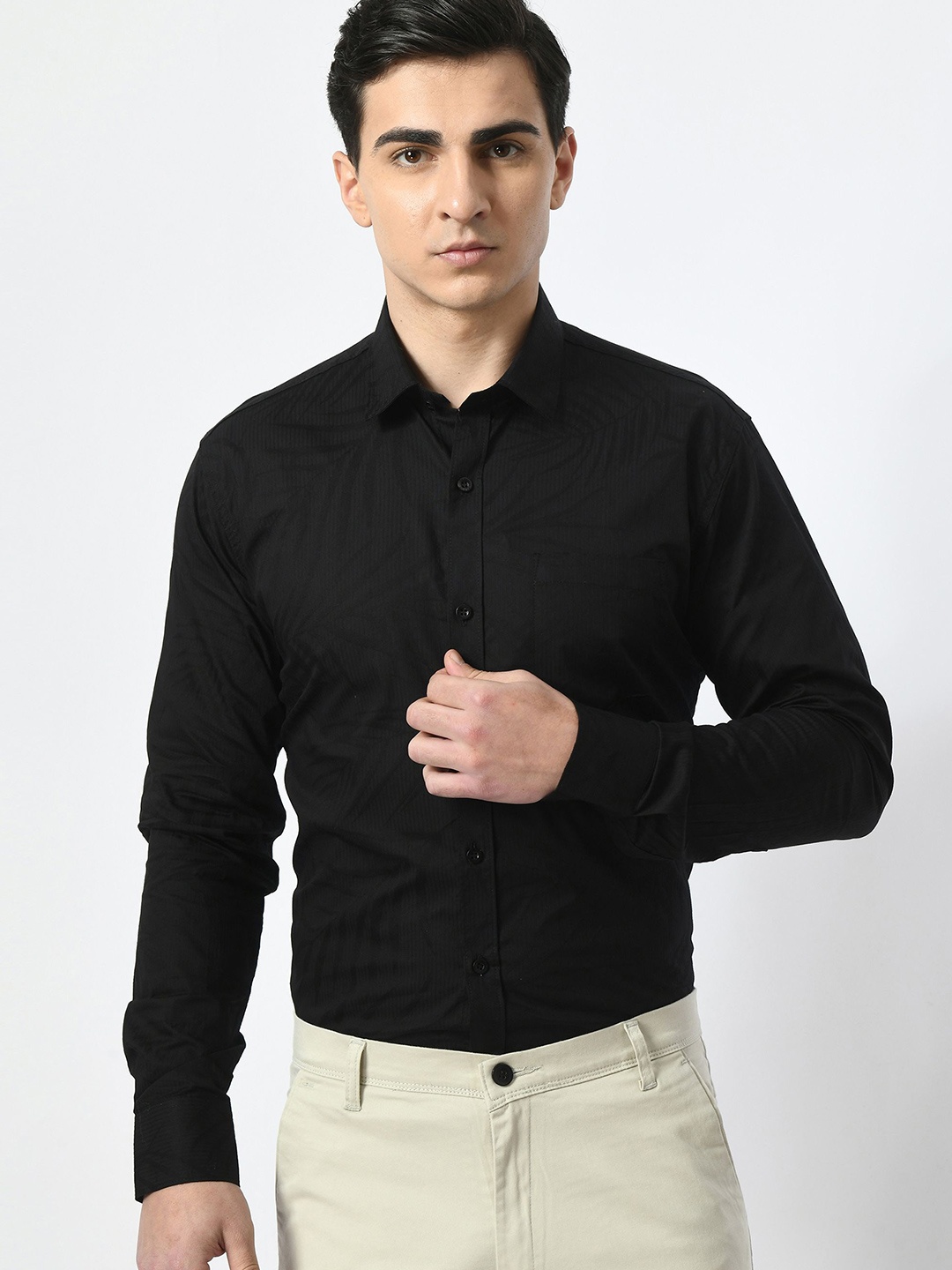 

PEBCO Men Classic Spread Collar Solid Cotton Slim Fit Casual Shirt, Black