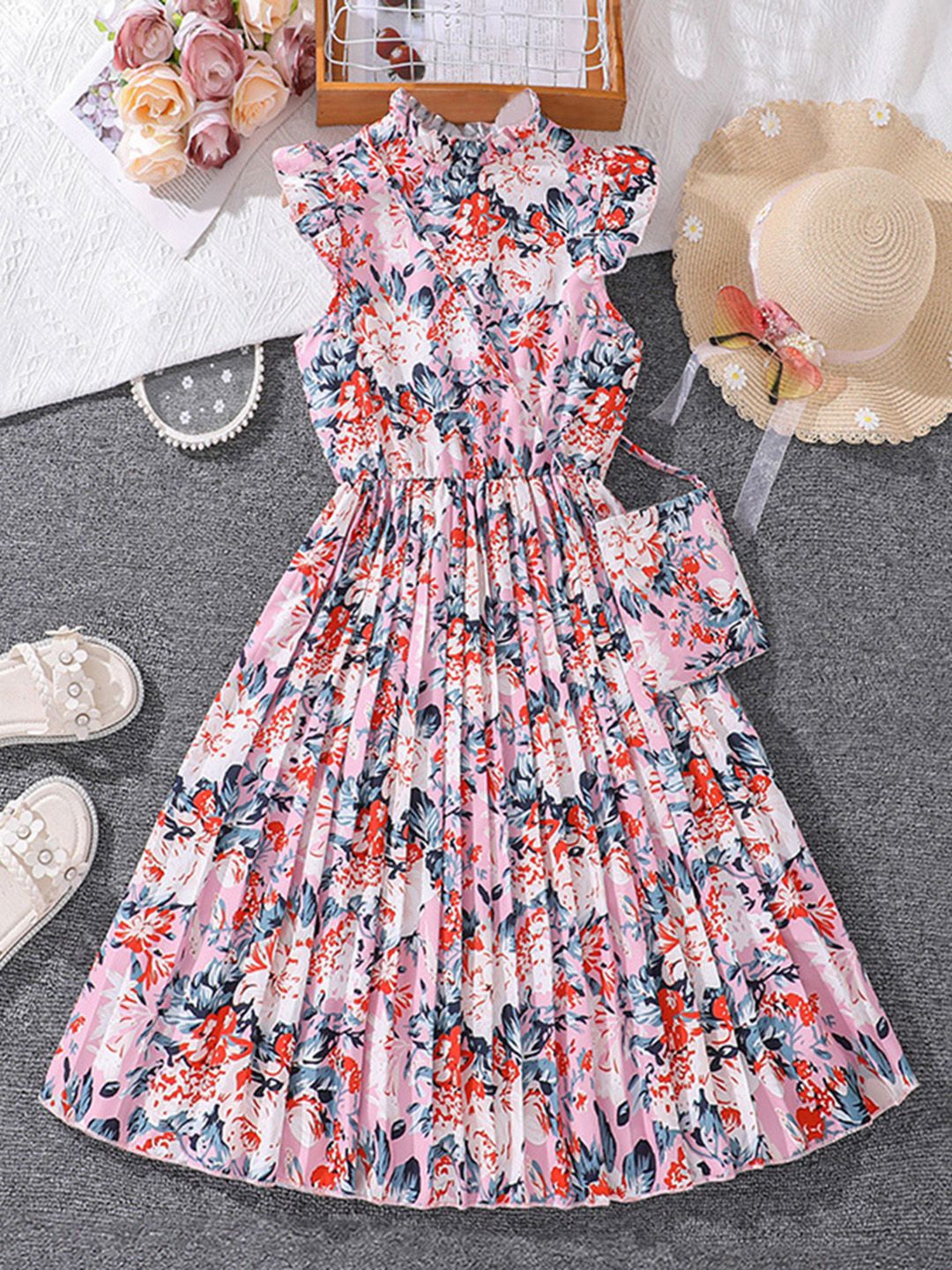 

INCLUD Girls Floral Printed Flutter Sleeve Fit & Flare Midi Dress, Pink