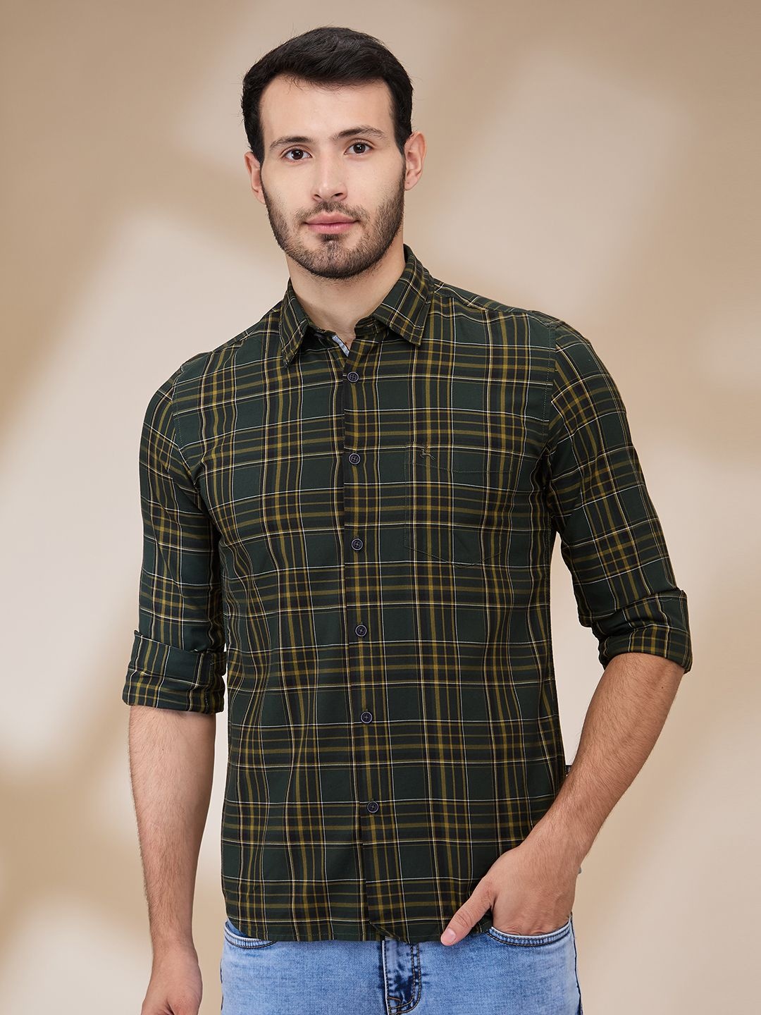 

Parx Men Spread Collar Tartan Checked Cotton Slim Fit Casual Shirt, Green