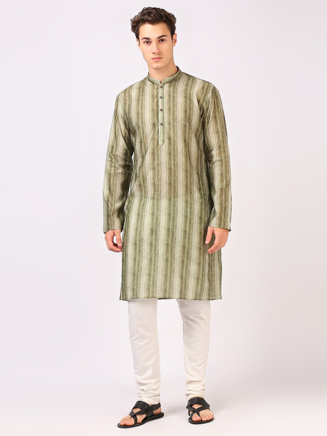 

BELLAZO Striped Mandarin Collar Thread Work Cotton Straight Kurta, Olive