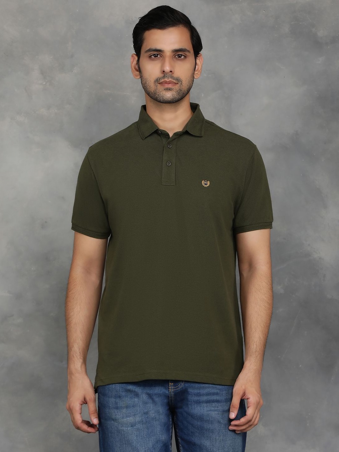

JADE BLUE Men Solid Polo Collar Pure Cotton Slim Fit T-shirt, Green