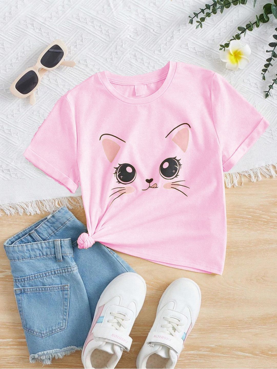 

Kotty Girls Graphic Printed Round Neck Cotton Oversized T-shirt, Pink