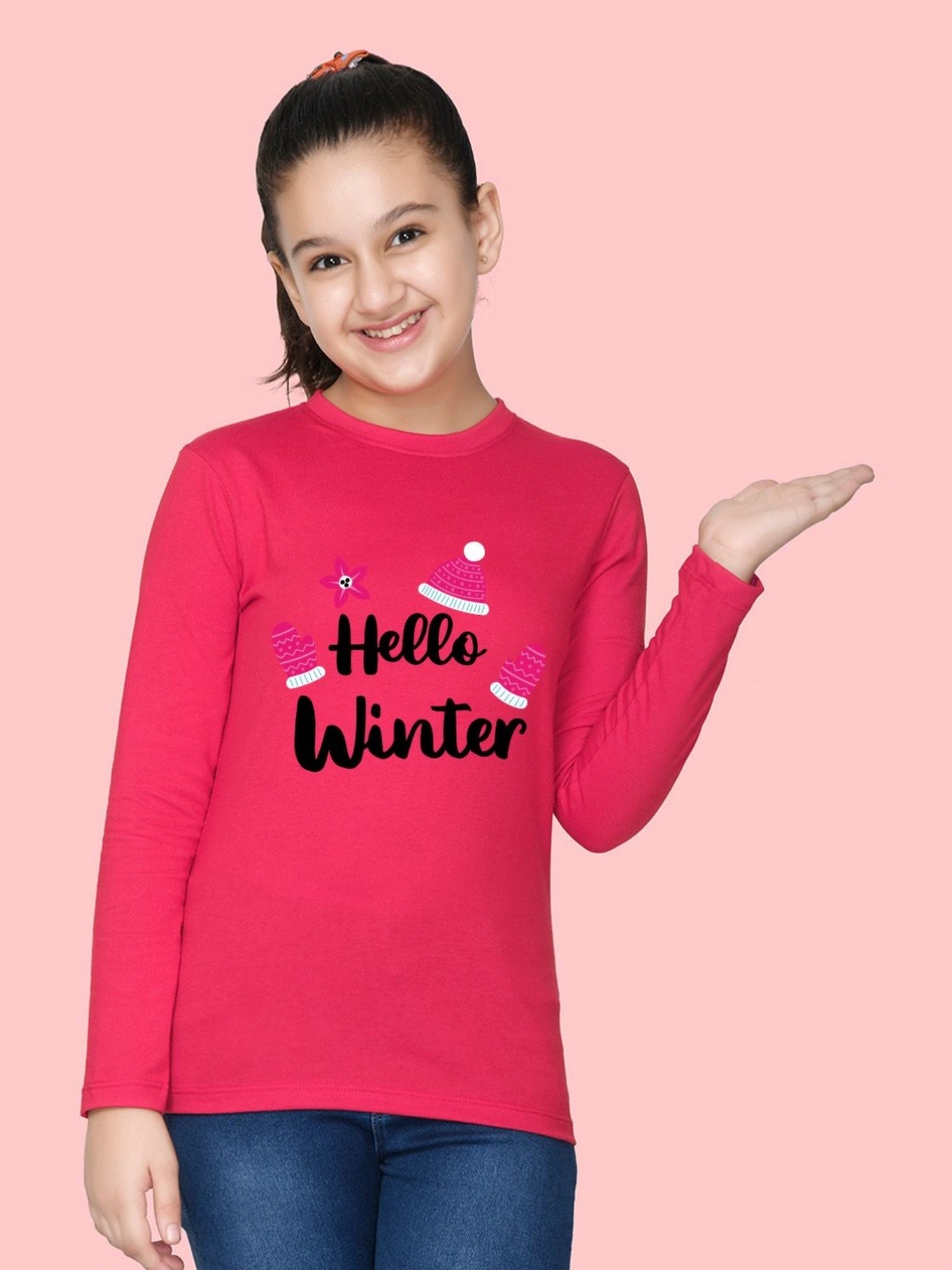 

NUSYL Girls Typography Printed Round Neck Cotton T-shirt, Pink