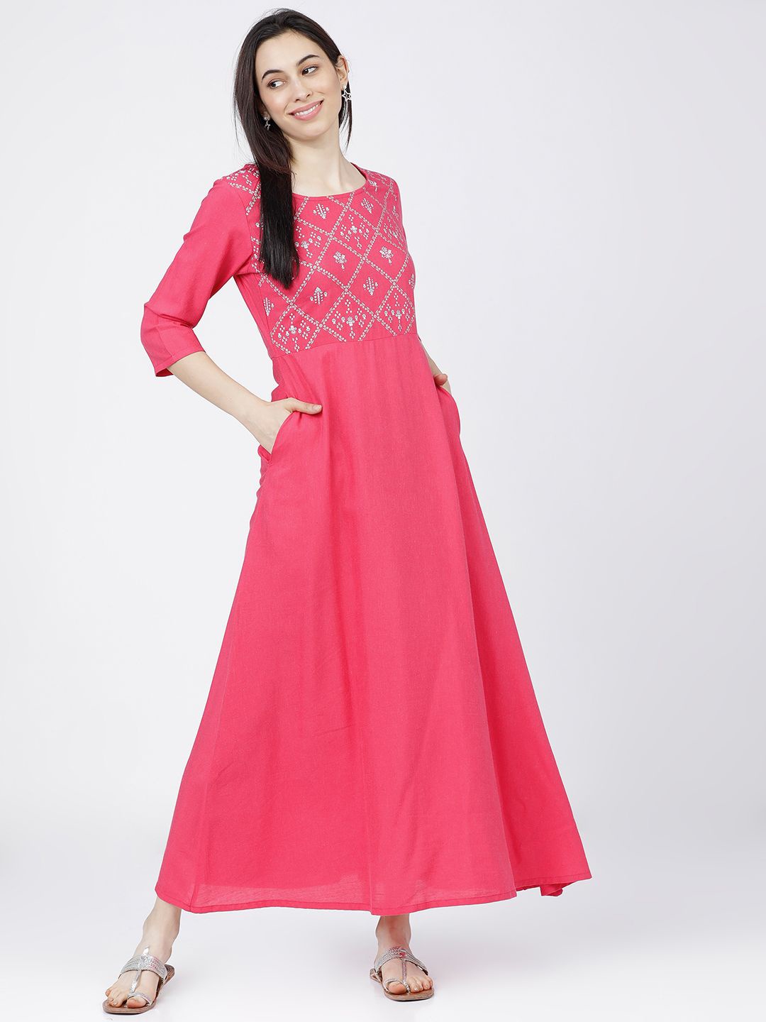 

Vishudh Women A-Line Maxi Ethnic Regular Sleeves Dress, Pink