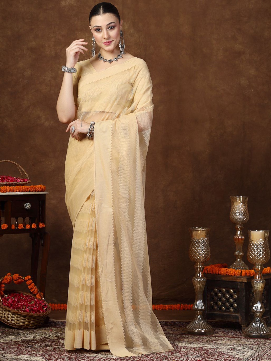 

Stylum Striped Zari Net Saree, Beige