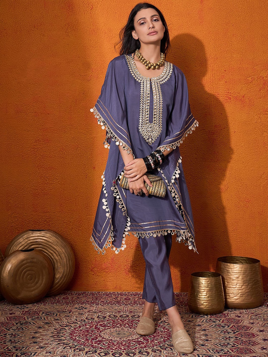 

Sangria Blue Geometric Embroidered Round Neck Mirror Work Kaftan With Trousers