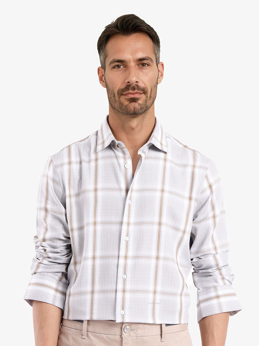 

RARE RABBIT Men Comfort Spread Collar Checked Cotton Casual Shirt, Grey