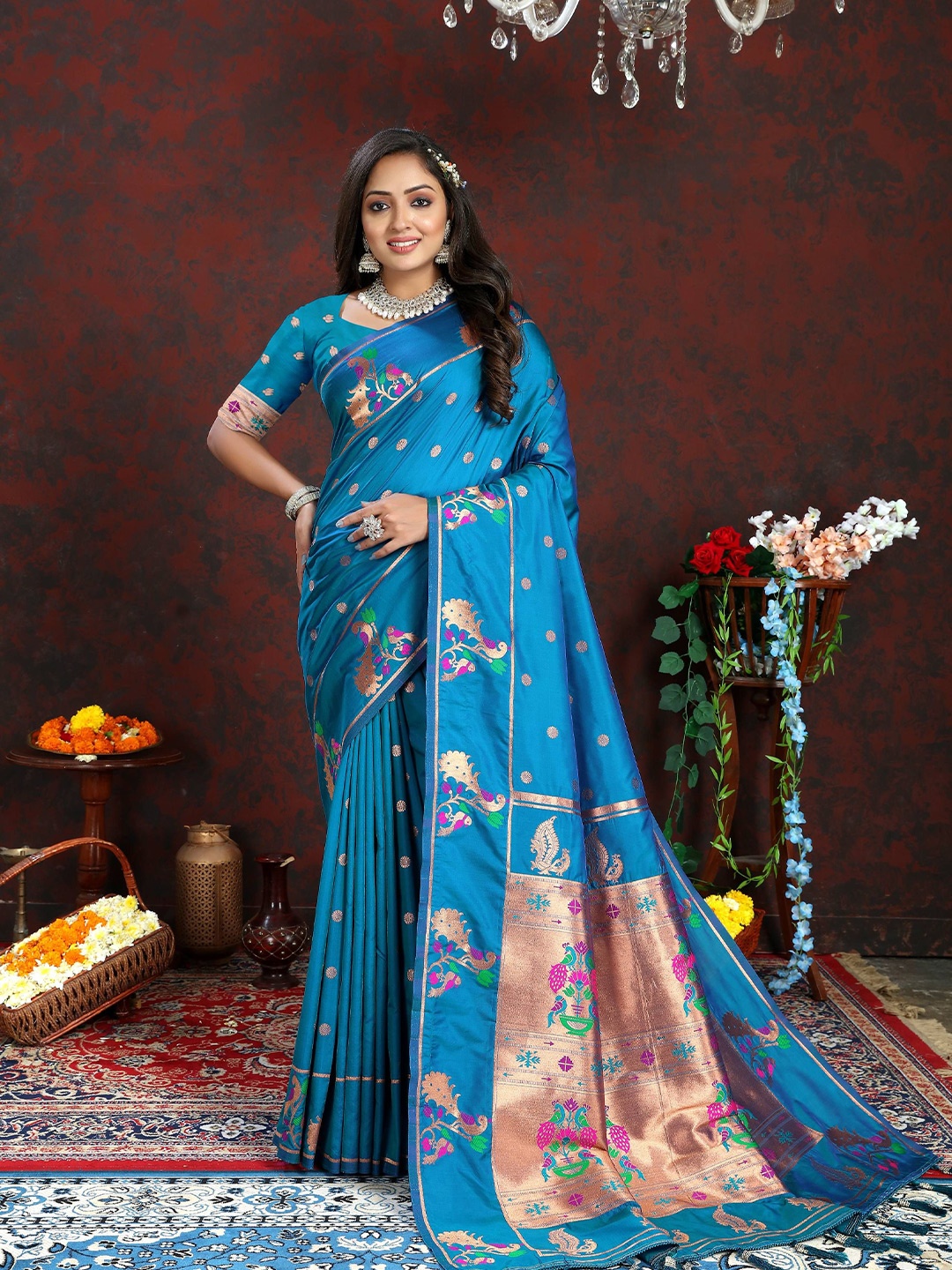 

Zeekha Ethnic Motifs Woven Design Zari Pure Silk Paithani Saree, Turquoise blue