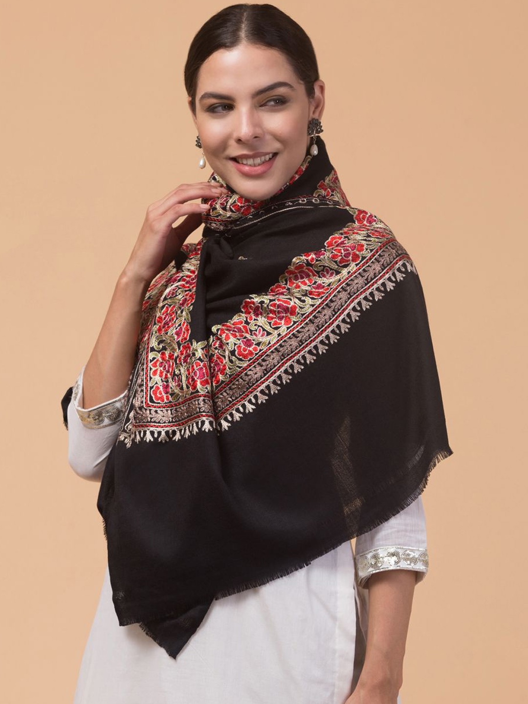 

Tweedle Floral Kashmiri Embroidered Pure Woollen Shawl, Black