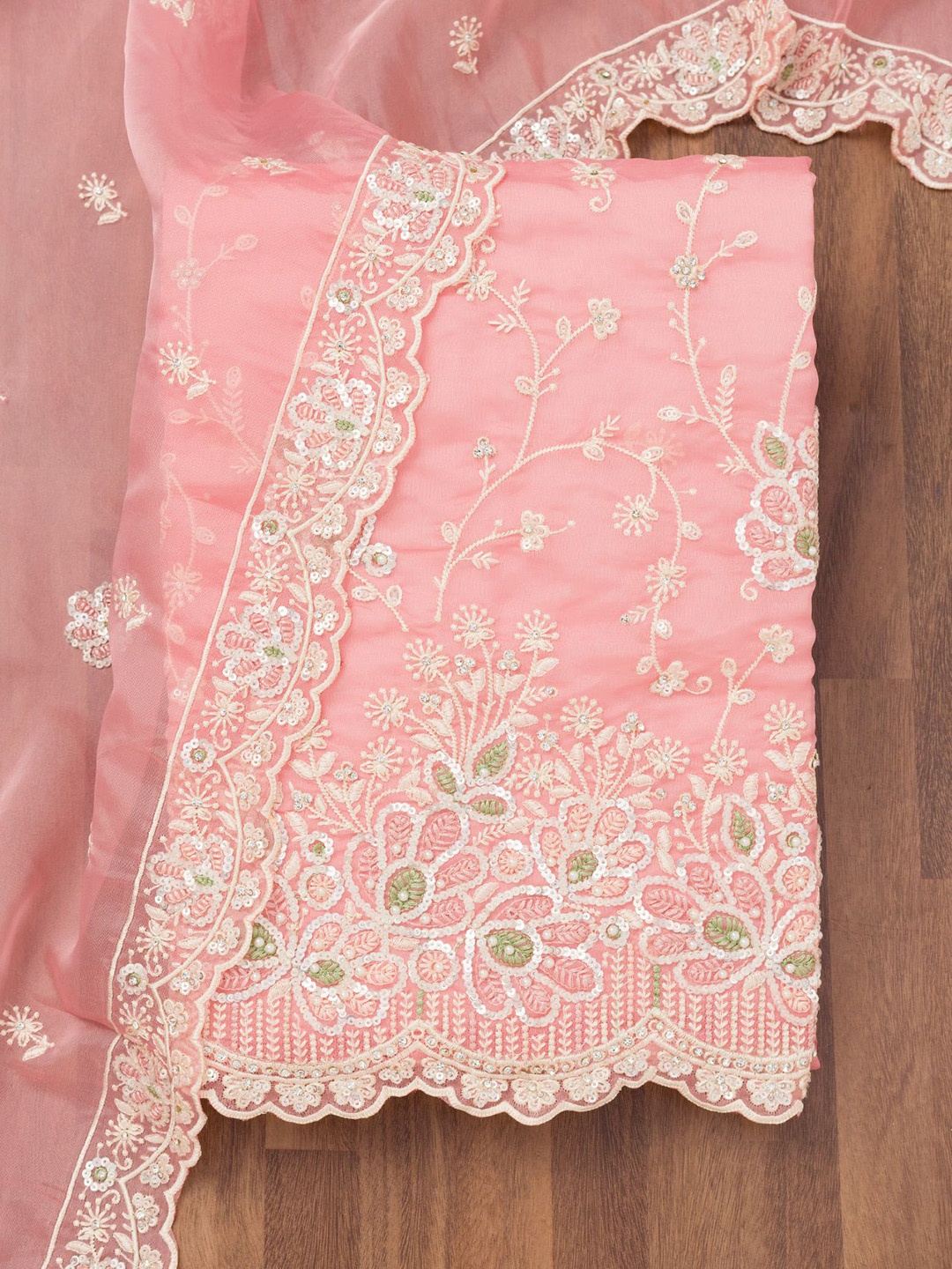 

Koskii Floral Embroidered Sequinned Organza Unstitched Dress Material, Pink