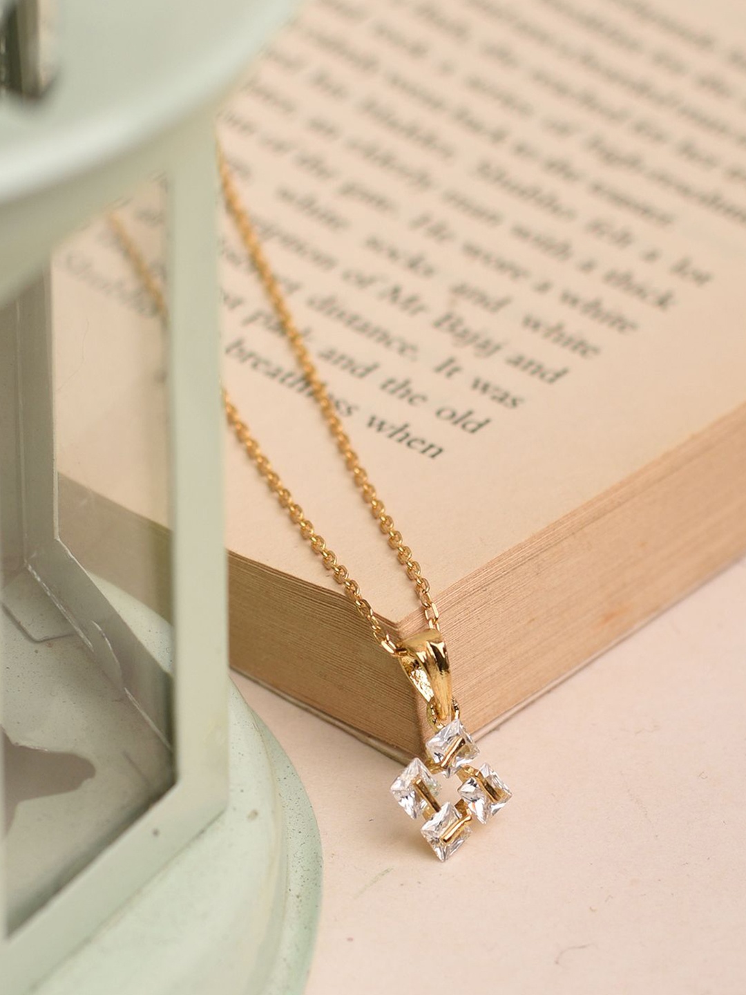 

XPNSV Gold Plated Cubic Zirconia Studded Pendant with Chain