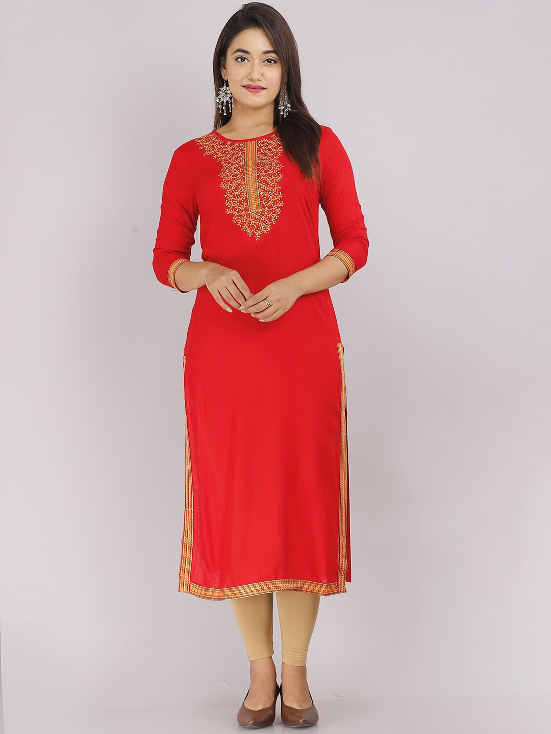 

STYLE ANGEL Floral Yoke Design Thread Work Straight Kurta, Red