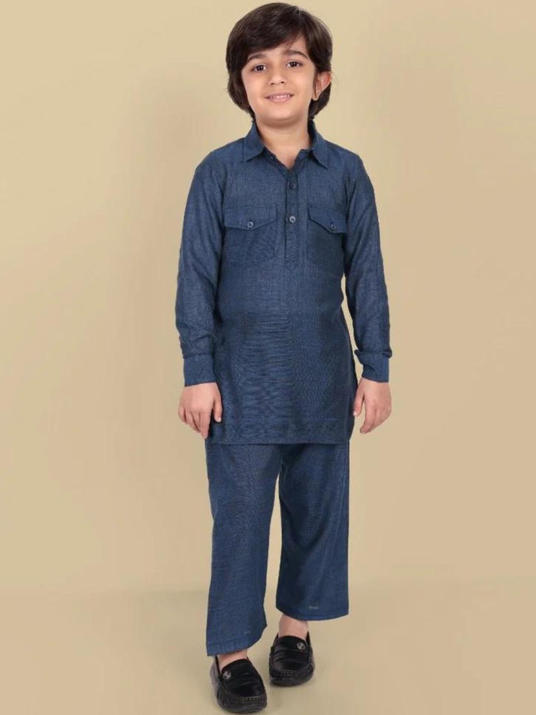 

Mera Rang Boys Shirt Collar Cotton Silk Pathani Kurta With Salwar, Blue
