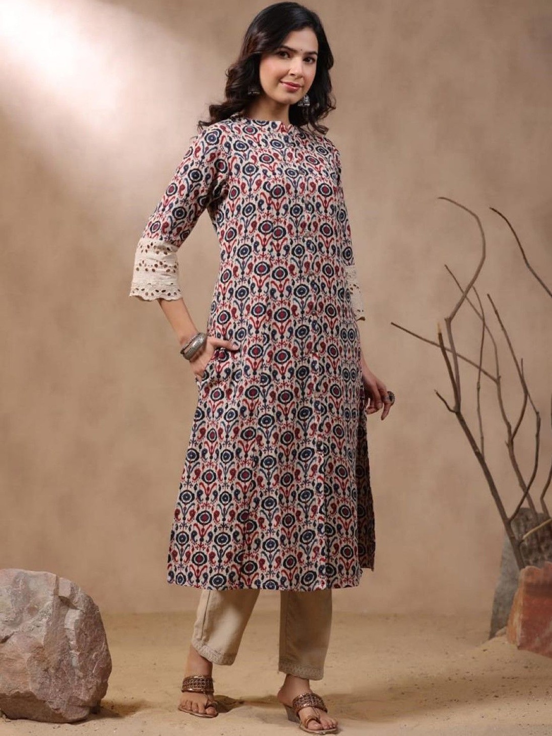 

AUTUMN LANE Ethnic Motifs Printed Mandarin Collar Pure Cotton A-Line Kurta With Trouser, White