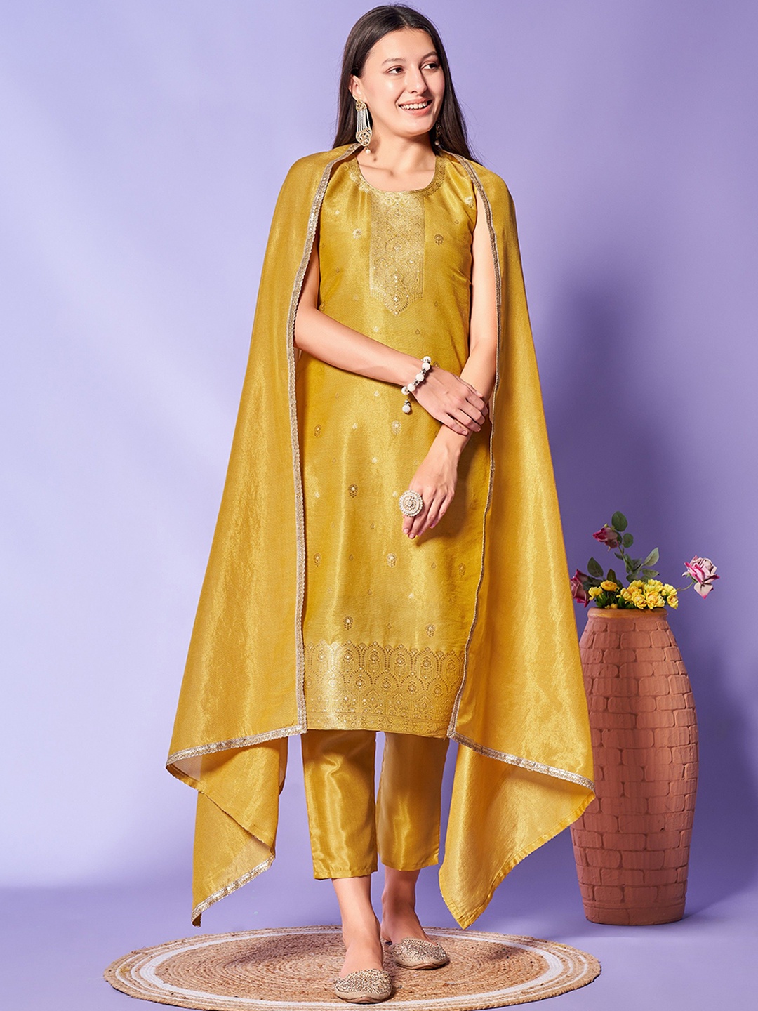 

KALINI Ethnic Motifs Woven Design Jacquard Pure Silk Kurta With Trousers & Dupatta, Mustard