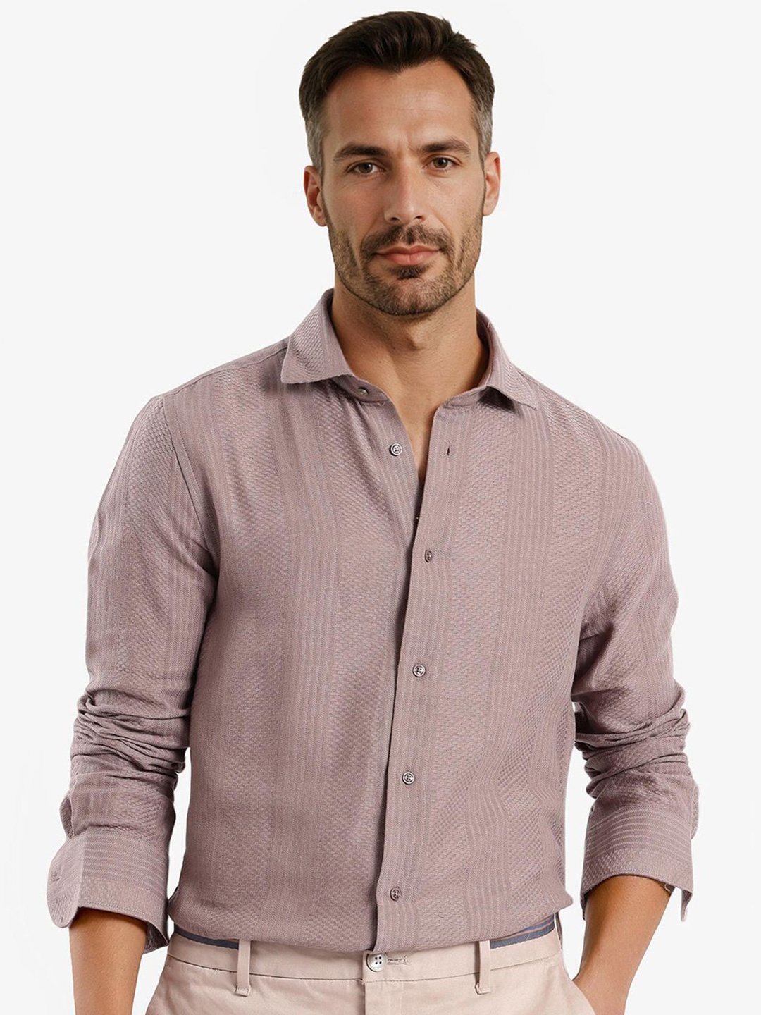 

RARE RABBIT Men Comfort Spread Collar Textured Cotton Casual Shirt, Brown