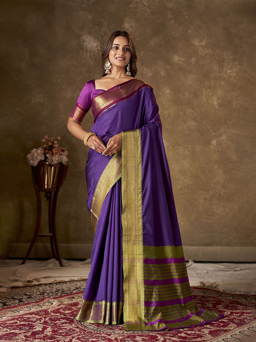 

KAYOMMI Zari Pure Cotton Banarasi Woven Design Saree, Purple