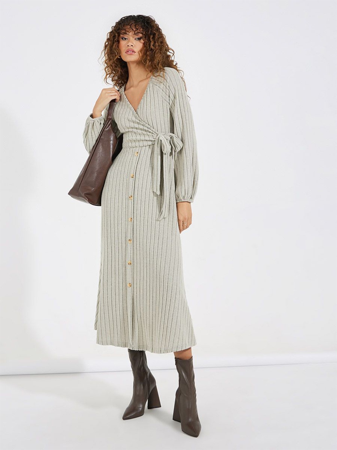 

Styli Women Button Detail Ribbed Knit Wrap Midi Dress, Grey