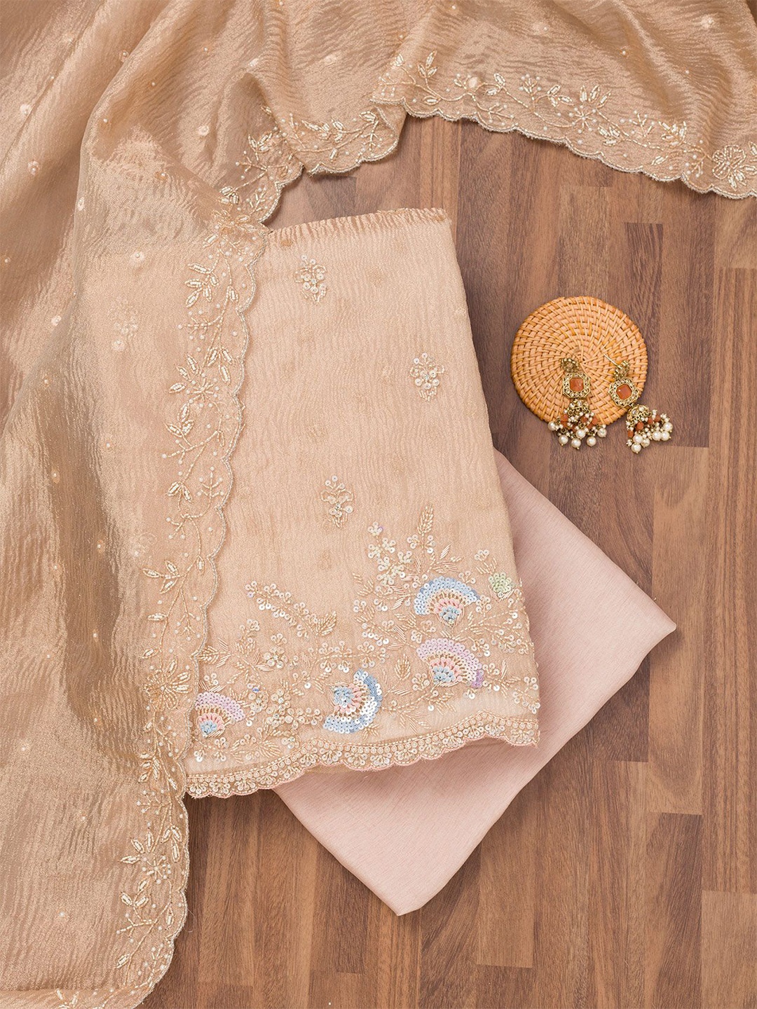 

Koskii Floral Embroidered Sequinned Tissue Unstitched Dress Material, Beige
